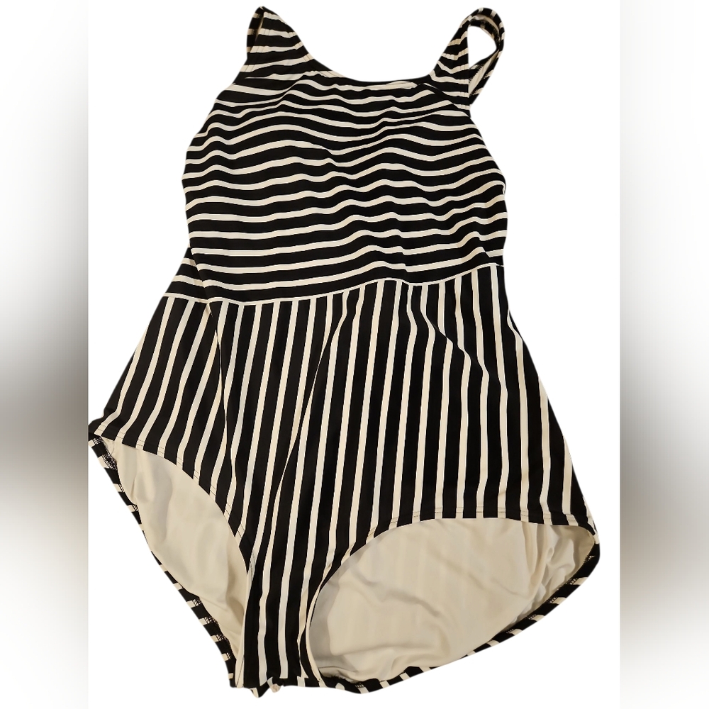 Lands End Black and White Striped Swimsuit Sz XL